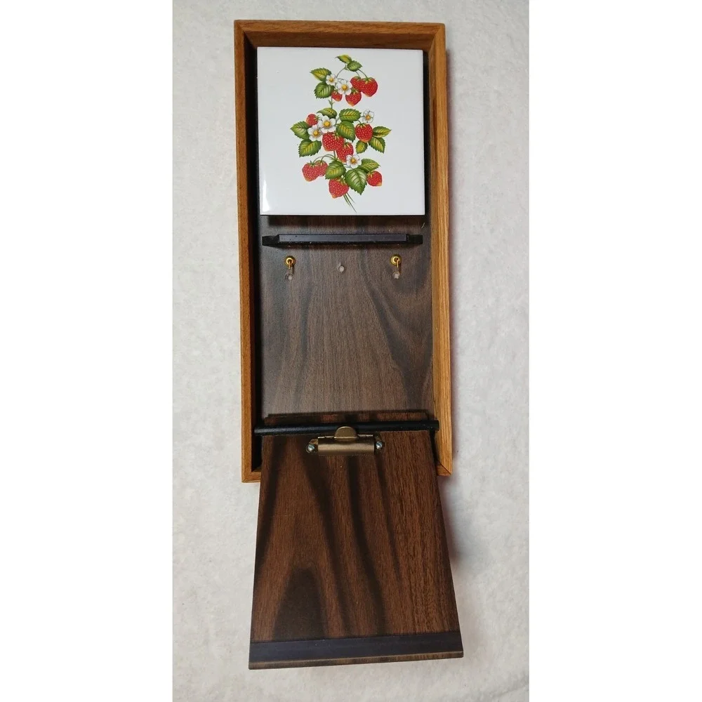 Vintage Strawberry Wooden Wall Memo Clip Organizer With Key Hooks & Cork Board
